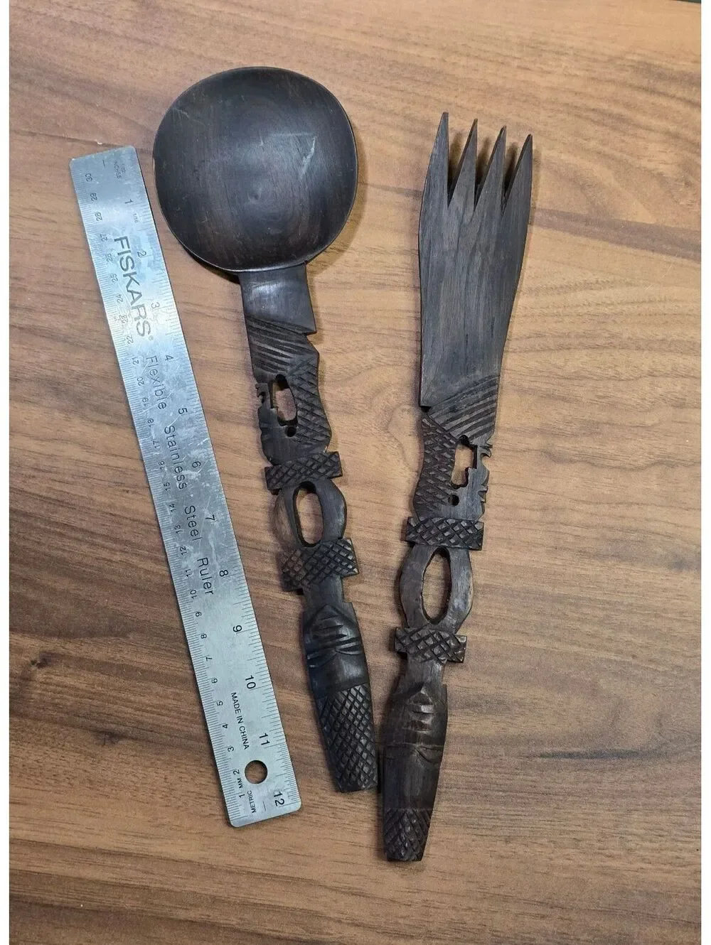 Hand Carved Wooden Salad Serving Set - Spoon and Fork